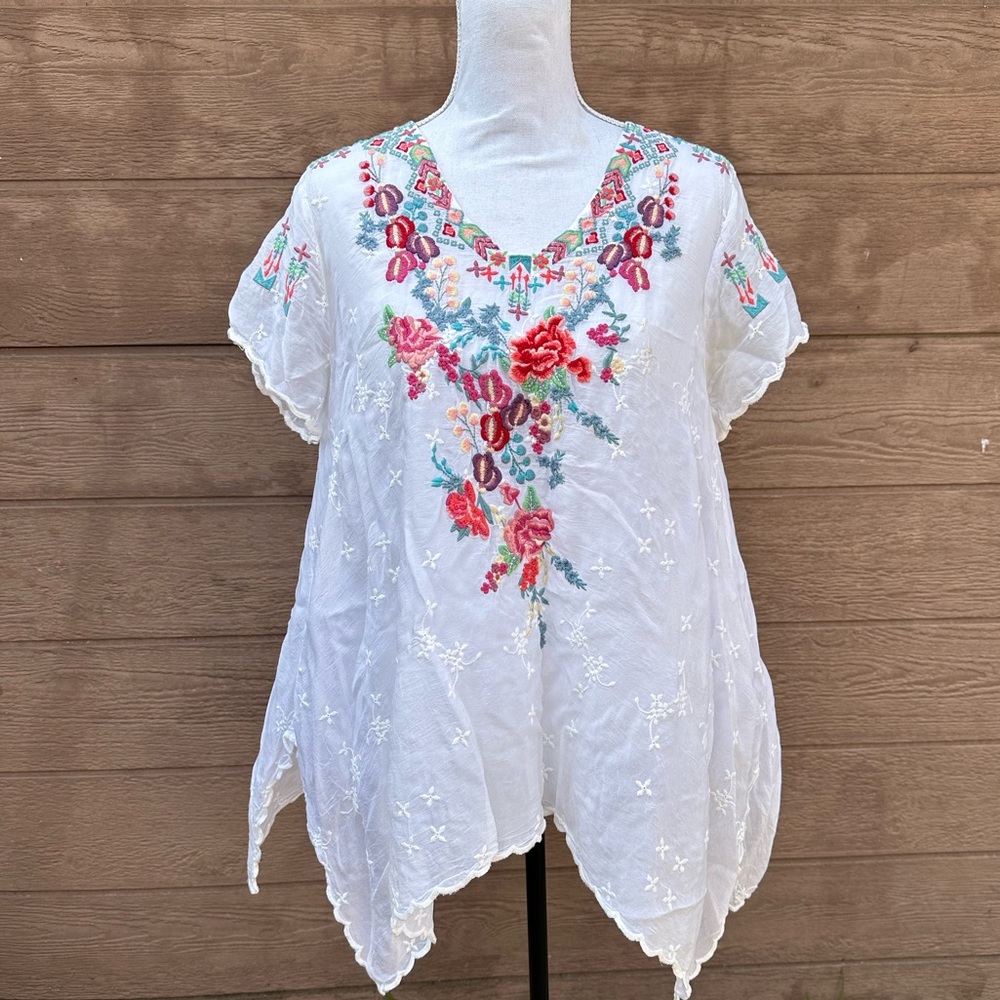 JOHNNY WAS embroidered asymmetrical top